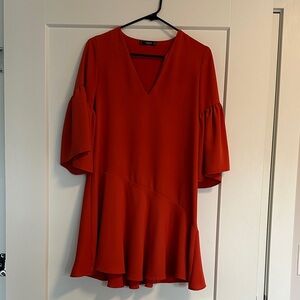 MANGO Flowy V-Neck Ruffle Sleeve Tunic Dress - Rust Red